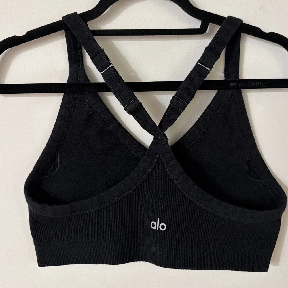 Alo Yoga Wellness Bra Black Ribbed V-Neck Adjustable Racerback Women Large